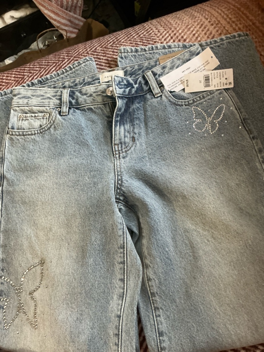 PacSun Women’s Light Wash Denim Jeans with Rhinestone Butterfly Detail